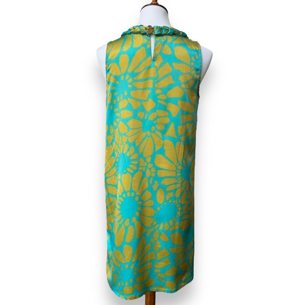 Tracy Negoshian Aqua Chartreuse Flower Satin Sleeveless Shift Dress Size MEDIUM - Picture 5 of 12